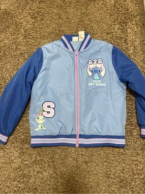 Disney Stitch Light Blue Jacket with Navy Trim and Pink Zipper Sz 14/16